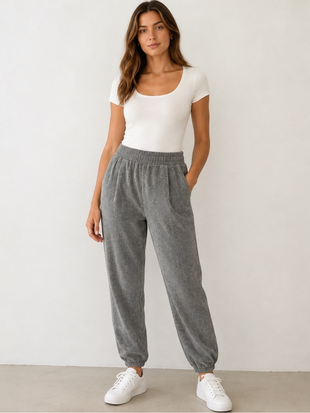 Ribbed Velour Jogger Sweatpants | Soft Grey Lounge Pants | Size M